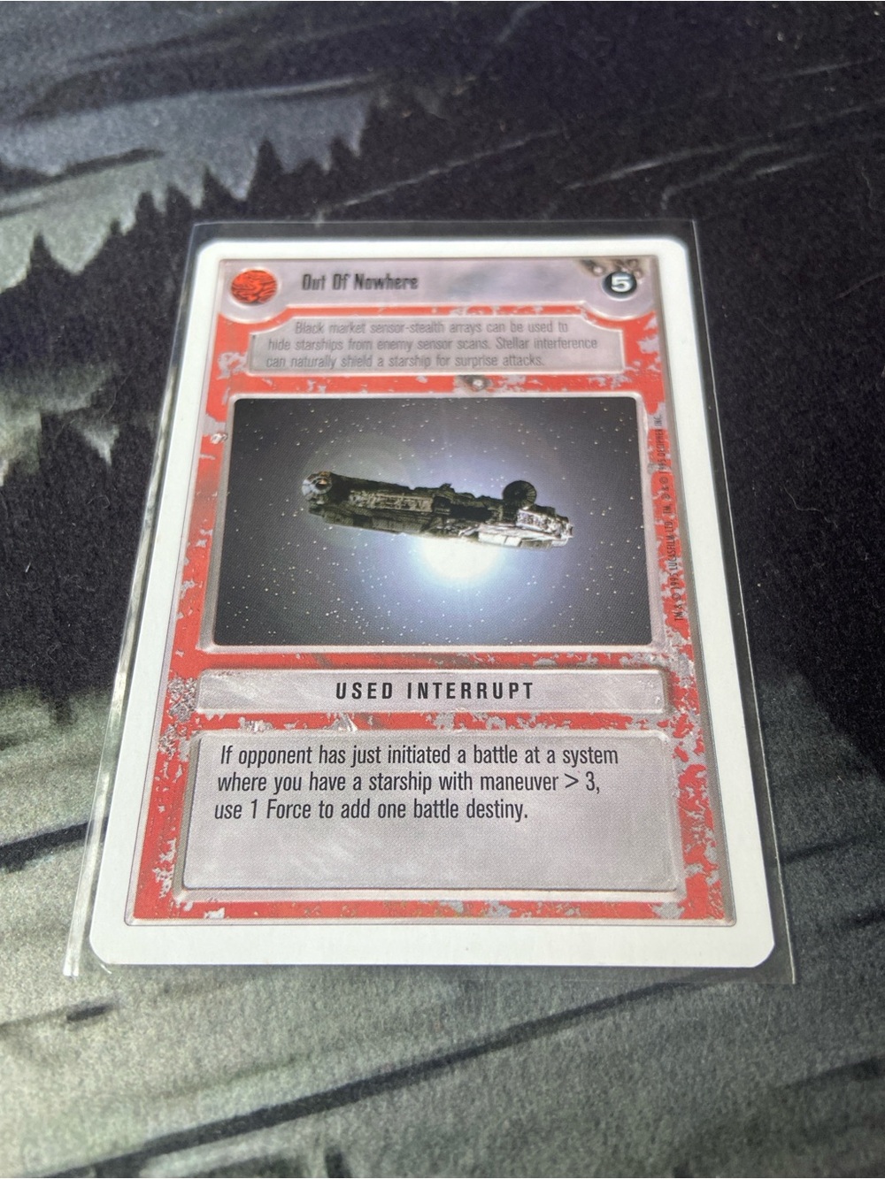 Out Of Nowhere, a red Used Interrupt card from the 1995 Decipher Star Wars